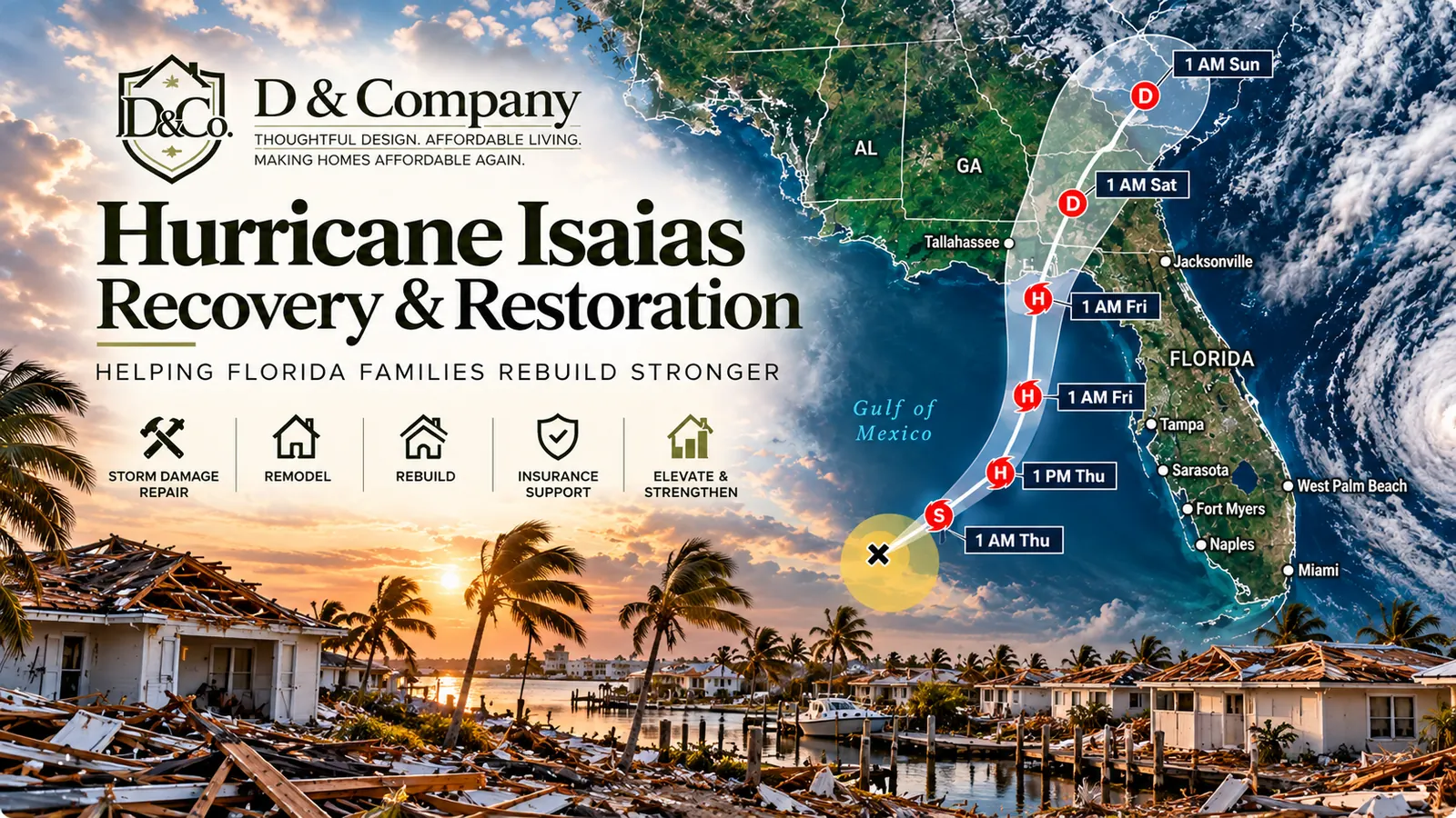 Hurricane Isaias recovery and restoration banner for the Florida Panhandle: D&Co Homes storm damage repair, remodel, rebuild, insurance support, and elevate and strengthen